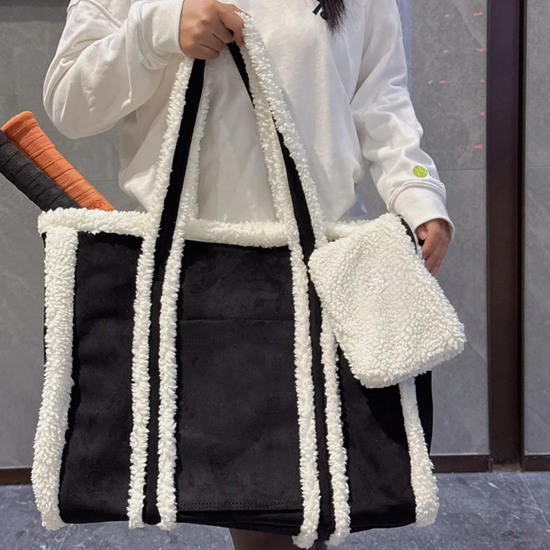 

Korean Color Blocked Plush Tote Handbag Women's Large Capacity Winter Shoulder Bag Mother-daughter Bag Brand Commut Shopping Bag