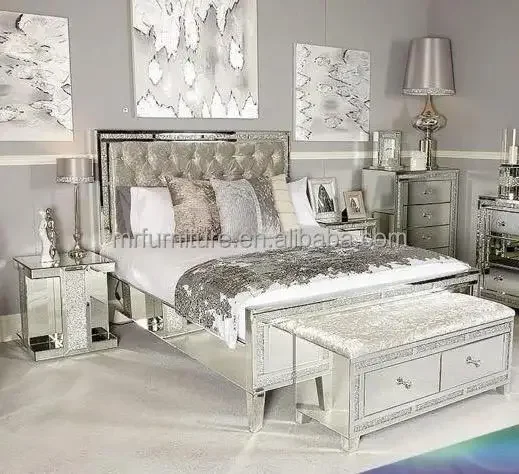 

Modern Luxury Bedroom Furniture Queen/King Size Bed Sparkly Crushed Diamond Mirrored Bed Frame For Home Hotel
