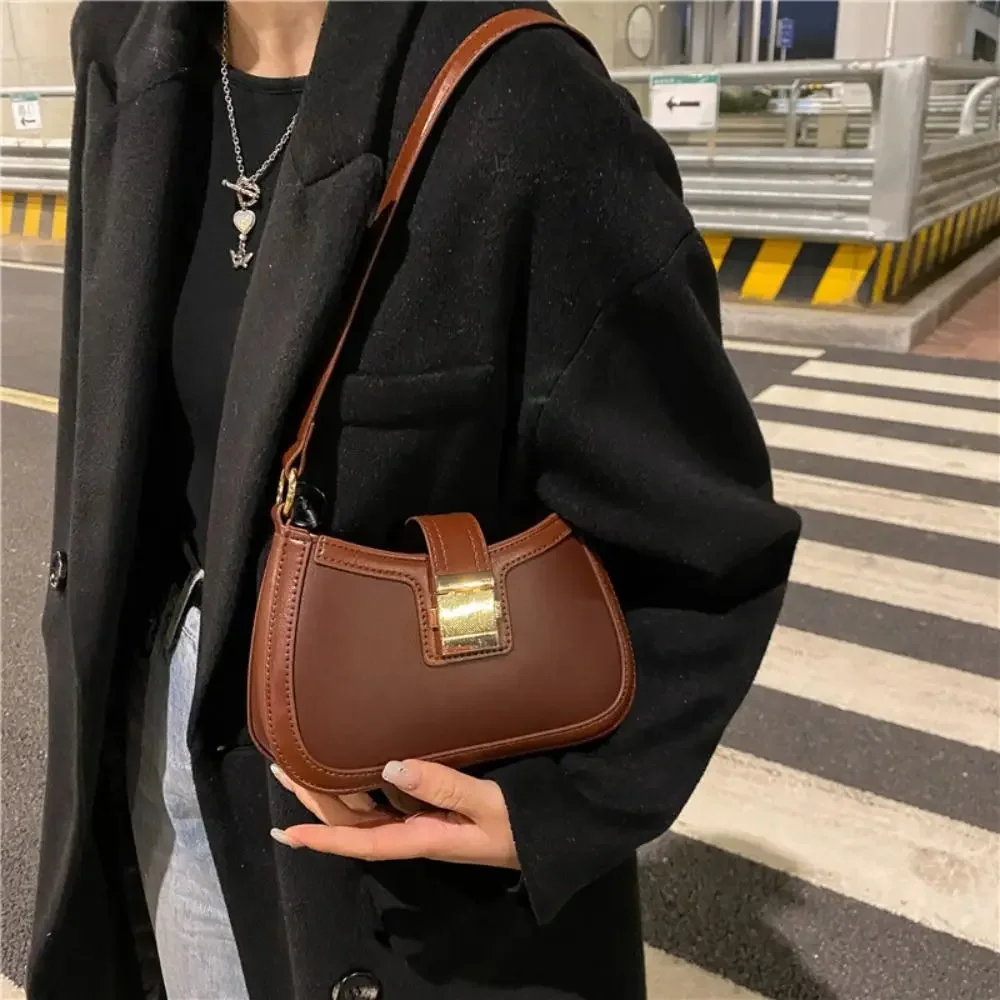 Vintage Trendy Ladies Underarm Shoulder Bag Solid Color Lacquer PU Leather Handbag Women Fashion Brand Simple Female Chain Purse