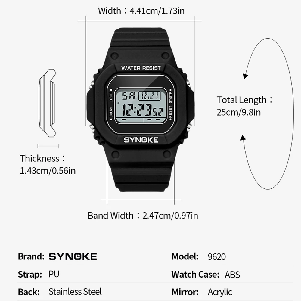 SYNOKE Relógio esportivo digital 5Bar à prova d'água para homens e mulheres, rastreador de fitness, cronômetro, funções de temporizador