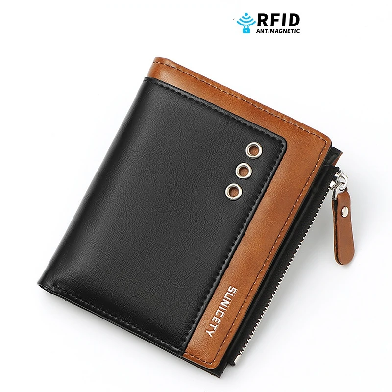 

Men's Wallet PU leather Buckle Zipper short Anti theft swiping transverse Purse Male Thin style high-capacity Coin Card Bags