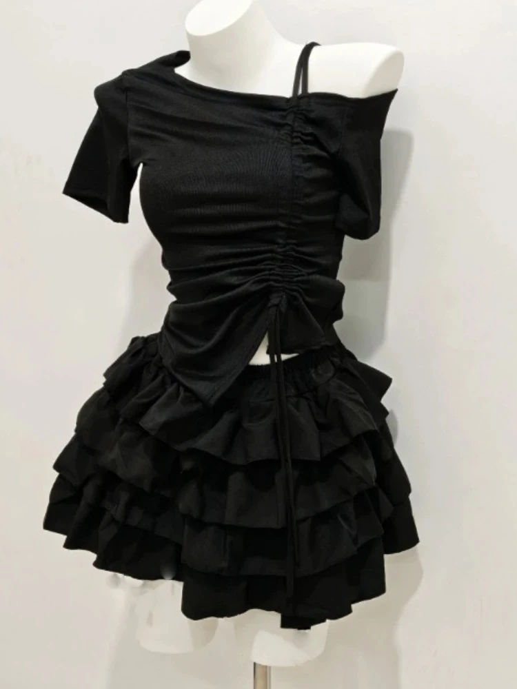 

Уличная одежда, комплект из двух предметов, женская одежда, футболки с открытыми плечами и оборками, мини-юбка, костюм Roupas Femme, готическая летняя одежда