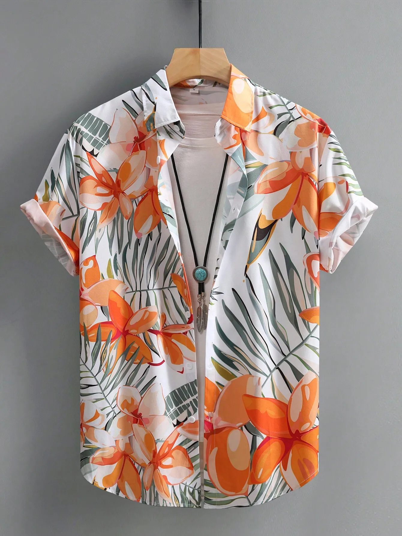 

Men's Orange Floral Print Turn-Down Collar Button-Front Short Sleeve Casual Shirt for Summer