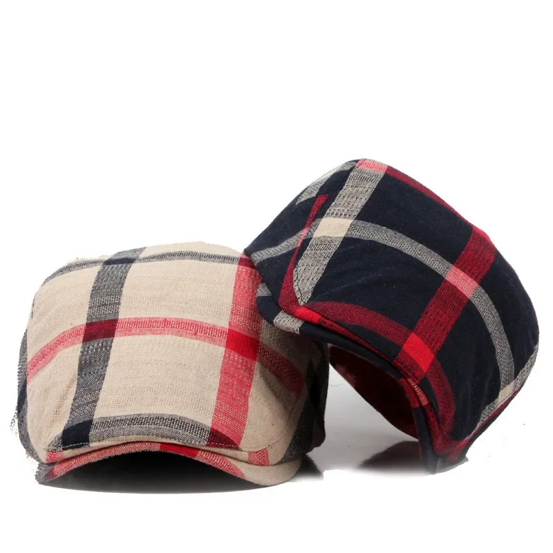 2024 New Men Berets British Plaid Cotton Flat Caps Stylish Duckbill Visor Newsboy Hats Outdoor Adjustable Driver Hat for Women