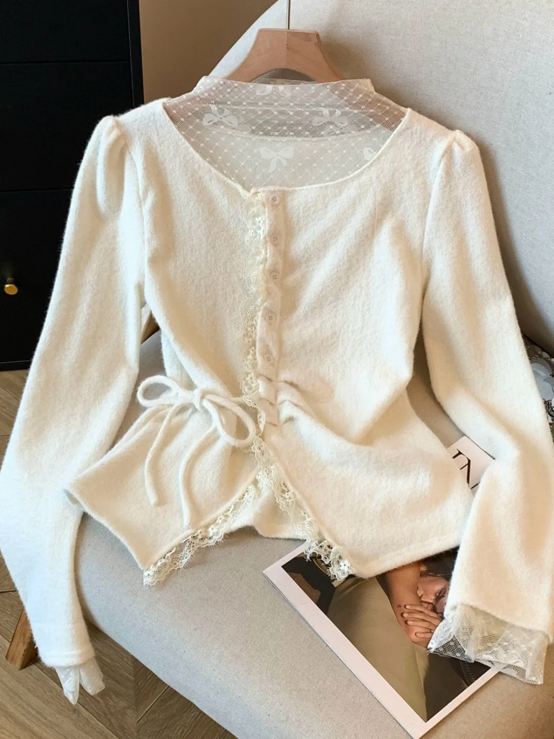 

Ruffle Sve Knitted Top Women's Slim Fit High Collar Lace Patchwork Belted ort Length Warmth Assurance Autumn Winter e...