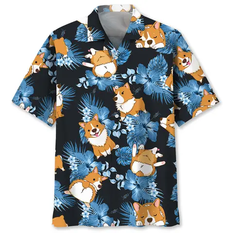 Cartoon Corgi Dog Graphic Hawaiian Shirt For Men Summer 3d Printed Animal Pets Short Sleeves Street Tops Lapel Button Blouse