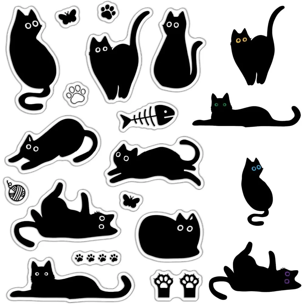 Black Cat Clear Rubber Stamps Fish Bone Cute Kitty Paw Print Reusable Transparent Silicone Stamp Seals Vintage for Journaling