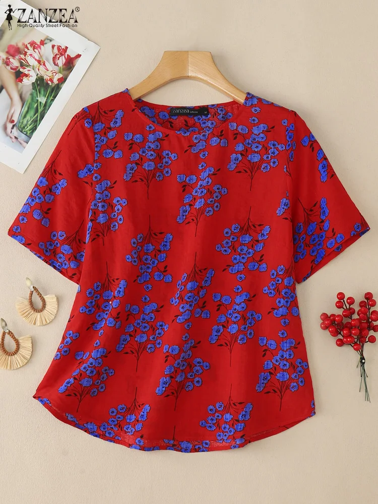 2023 Vintage Sommer Gedruckt Blusen ZANZEA Böhmischen Urlaub Shirts Frauen O Hals Kurzarm Tops Beiläufige Lose Blusas Chemise