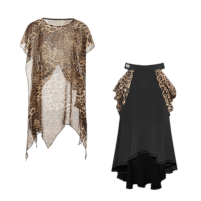 Tops holgados con estampado de leopardo, faldas huecas, traje, trajes de baile latino, Chacha, Rumba, Tango, vestido latino para adultos DN20269