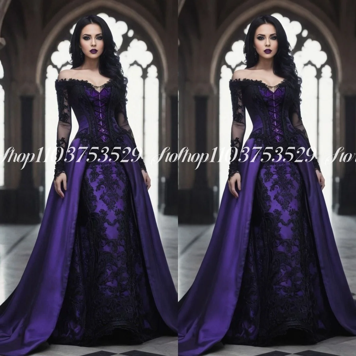 Vintage Gothic Grape Purple Suknia ślubna Edwardian Pagan Gown Gorset bez ramiączek z długim rękawem Masquerade Dostosowane فساتين 미פרי