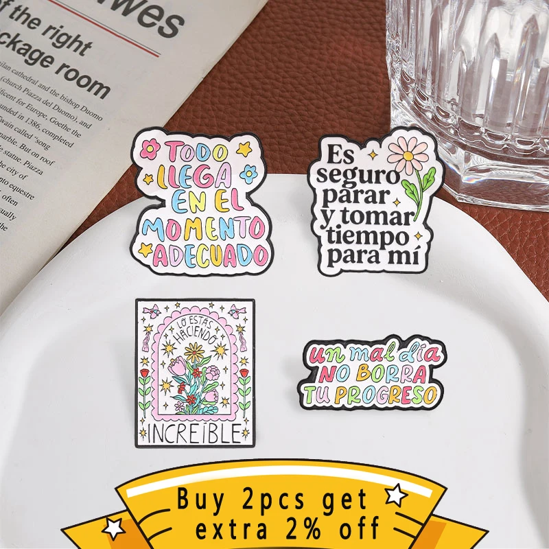 Spanish Positive Floral Quote Badge, Inspirational Self Care Slogan Enamel Pin, Fashion Accessory, Encouraging Gift For Friends