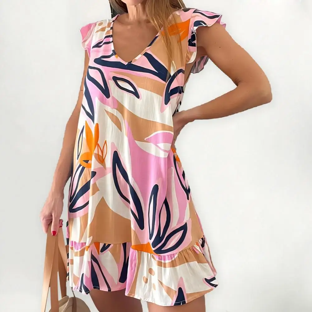 Women Beach Dress Floral Printed V Neck Ruffle Dress Stylish Mini for Beach Party Dating with Pleated Hem Lightweight Printed