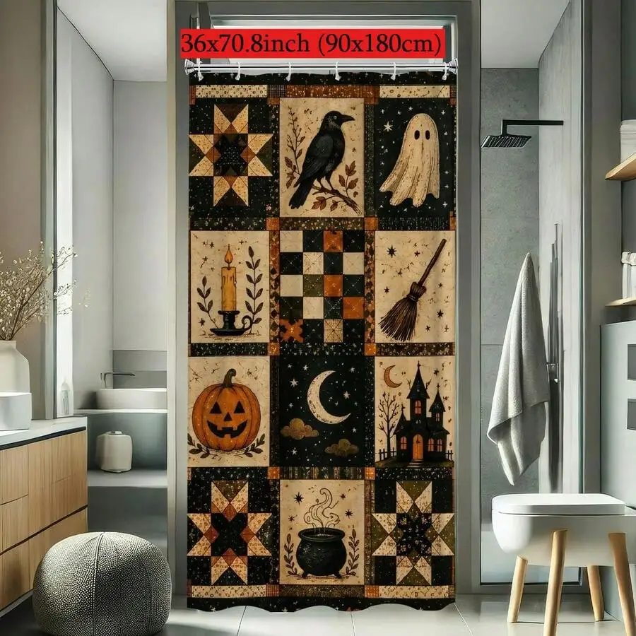 1Pcs Halloween Quilt Shower Curtain |   Vintage Patchwork Halloween Bathroom Decor |   Ghost Pumpkin Black Cat Witchy Cottagecore Bath Curtain