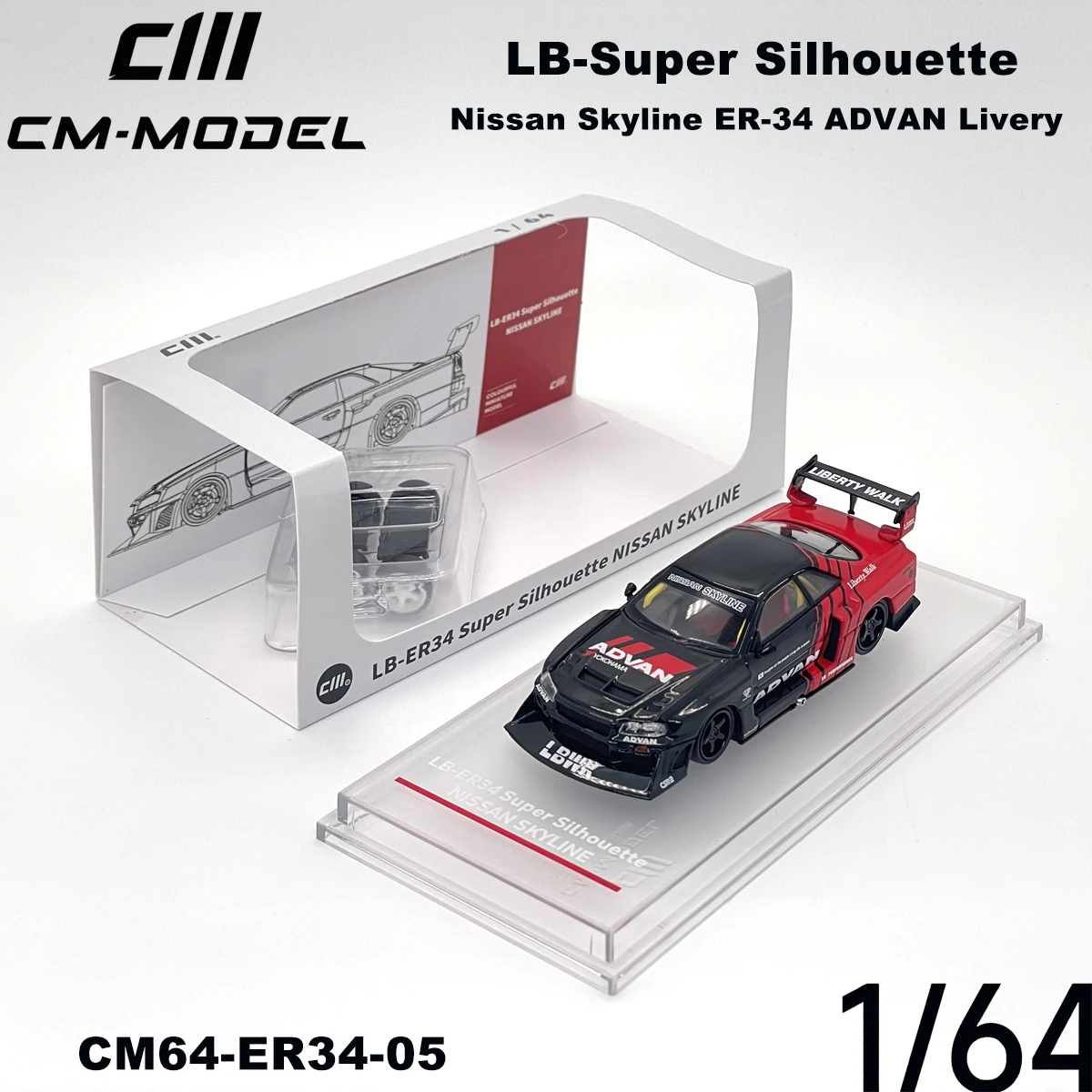 CM Модель 1:64 LB‑ER34 Super Silhouette Skyline с окраской ADVAN CM64‑ER34‑05 Коллекционные модели автомобилей из сплава в наличии