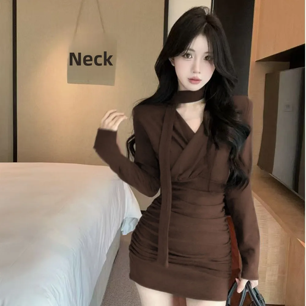 

Autumn Winter Thiened Fce Wrap Waist V-Ne oulder Pad Sexy Bodycon Pleated Dr Pure Desire Sle with Sa Women's ...