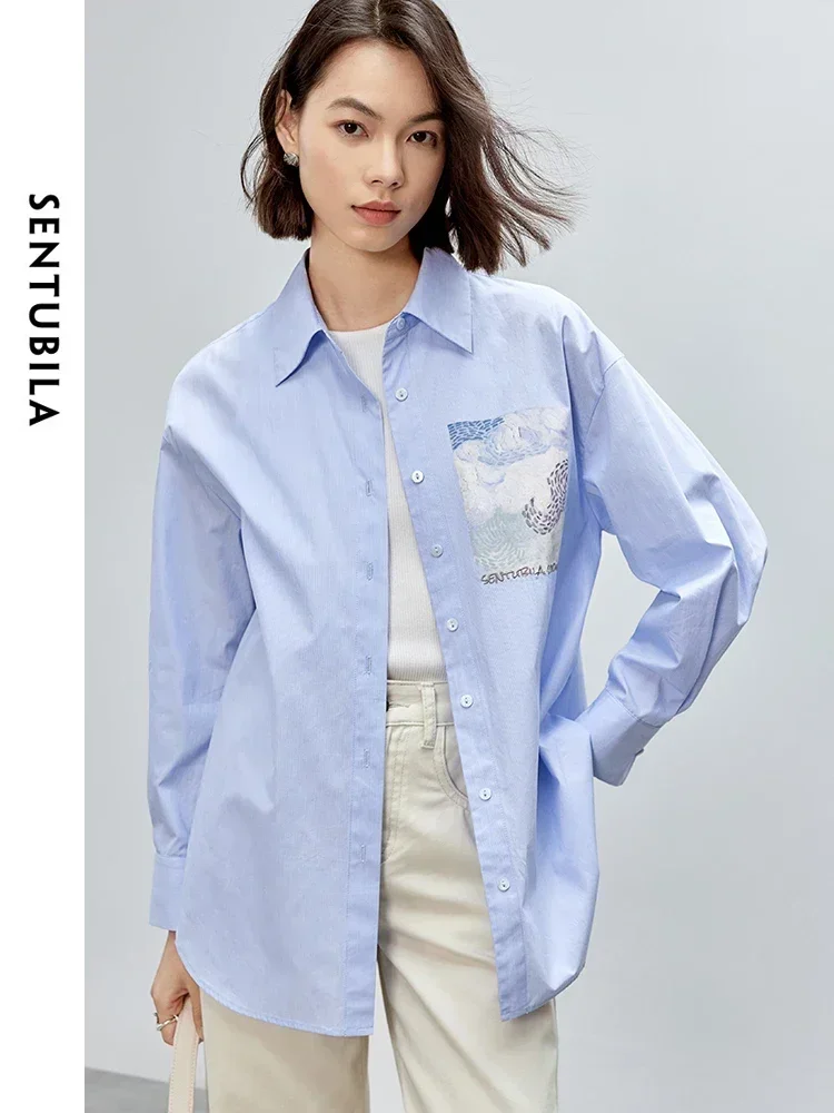 

SENTUBILA, женская рубашка в полоску из 100% хлопка, осень 202, повседневная офисная женская блузка с отложным воротником и вышивкой, 143C56462