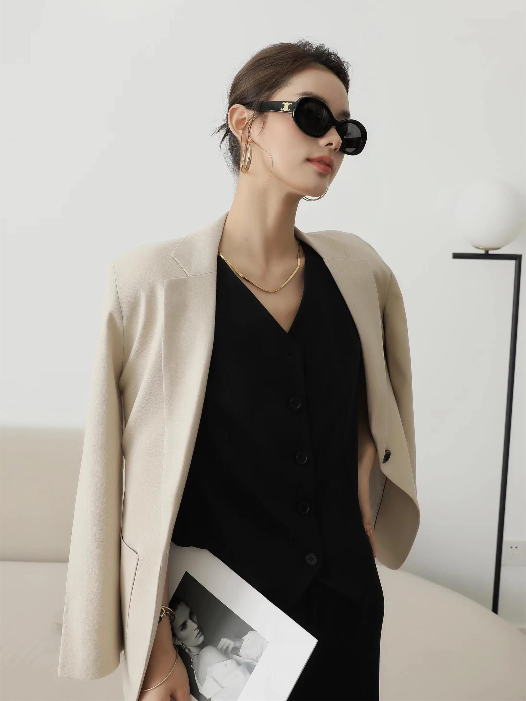 

3HLADY Early Autumn Overture Color Woven Linen Micro Silhouette Casual Busin Mid-length One-button Suit Jaet