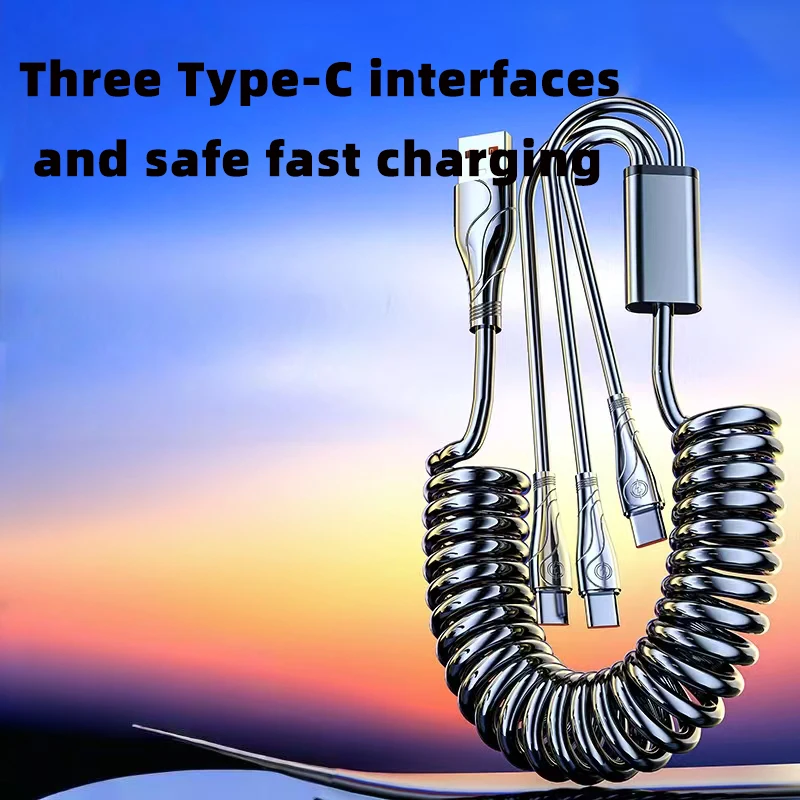 كابل بيانات تلسكوبي زنبركي ثلاثي من النوع C بسحب واحد لسهولة اللف وتخزين مريح لكابلات الشحن السريع