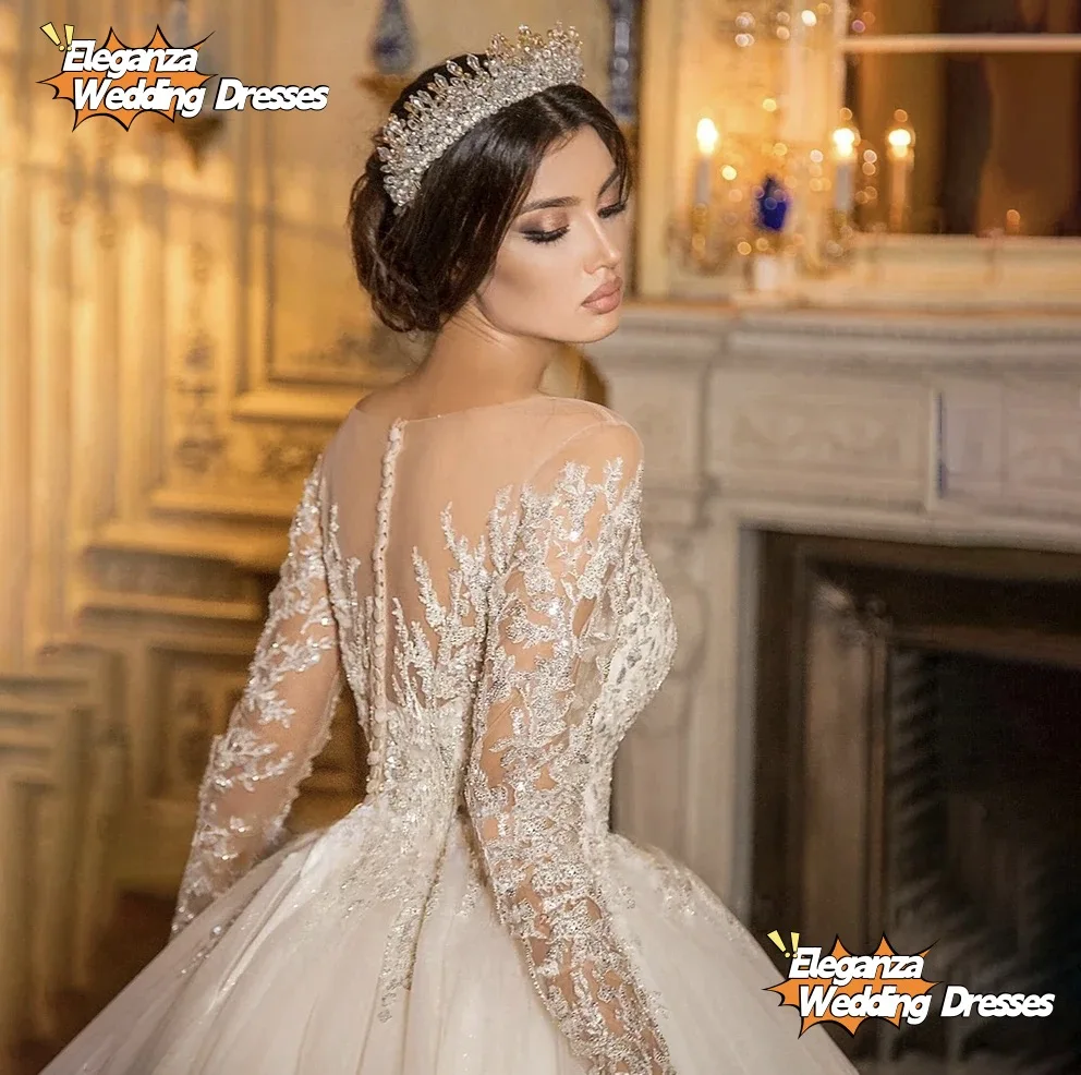 Customized Exquisite Wedding Dress Sheer Scoop Neck Lace Beaded Applique Illusion Long Sleeve Bride Dresses Vestidos De Noiva
