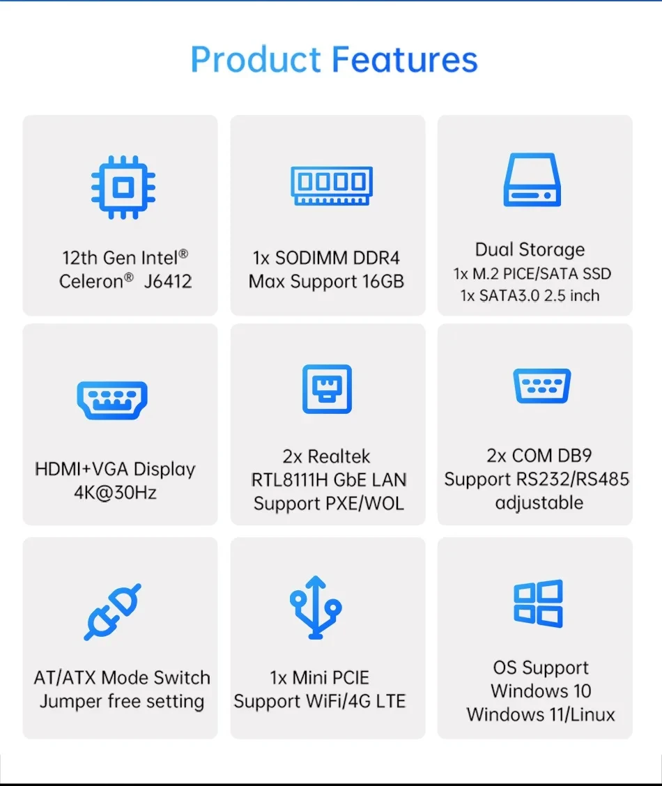 BEBEPC Fanless Industrial Mini PC with Intel Celeron J6412 J1900 Support Linux Computer with 2xRS232/485 2xGbE LAN Win10 Ready