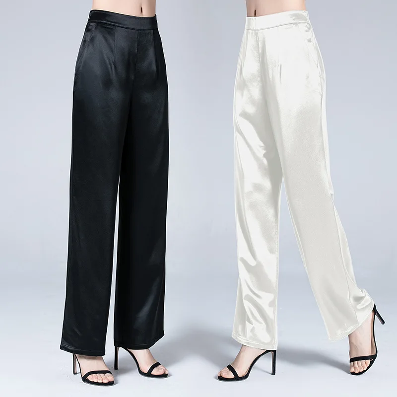 

Birdsky, 1PC Women trousers wide leg straight pant full pants mid waist 95% real mulberry silk 5% spandex 2 colors, S-926