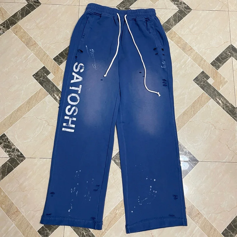 New Satoshi Nakamoto American Casual Men's Sweatpants High-quality Ripped Pants Splashed Ink Printed Pants