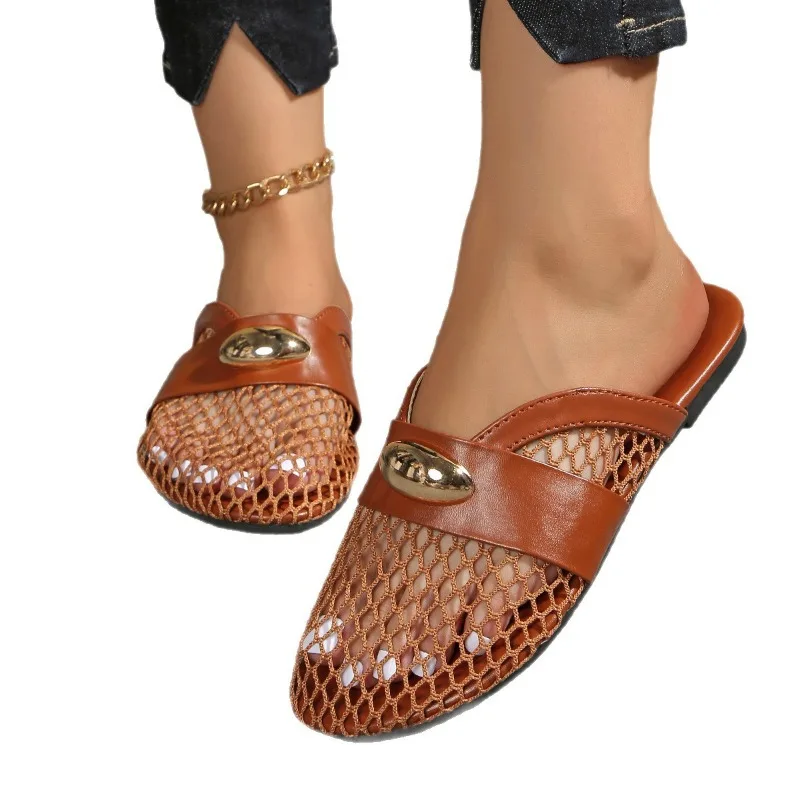 

Women Slippers Soft Bottom Flat Sandals Slides Women Mesh Breathable Baotou Slippers Women Summer Round Head Metal Buckle Shoes