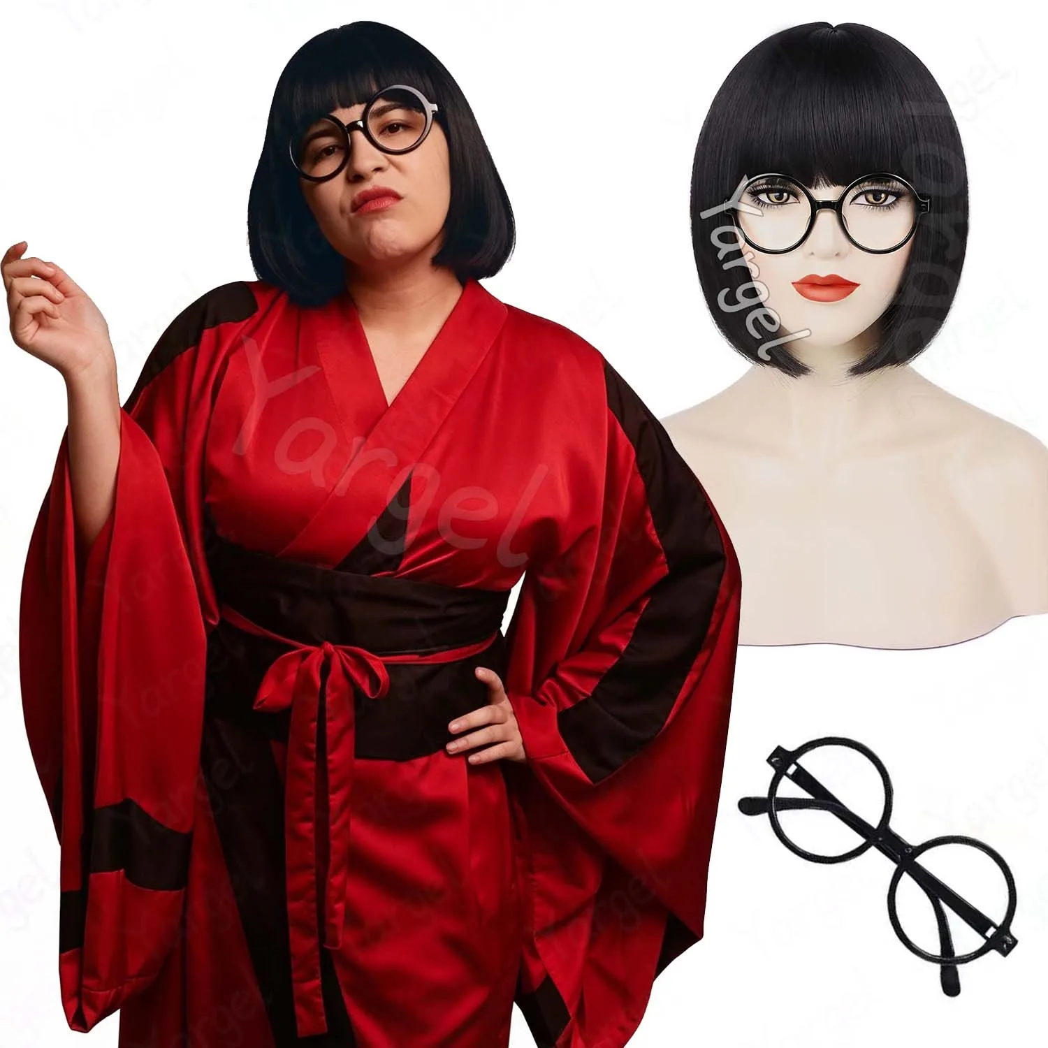 Synthetic Bob Bangs Wig+Glasses,Short Straight Bob Wig for Women,Anime Edna Mode  Costume Wig for Halloween Cosplay Party Daily