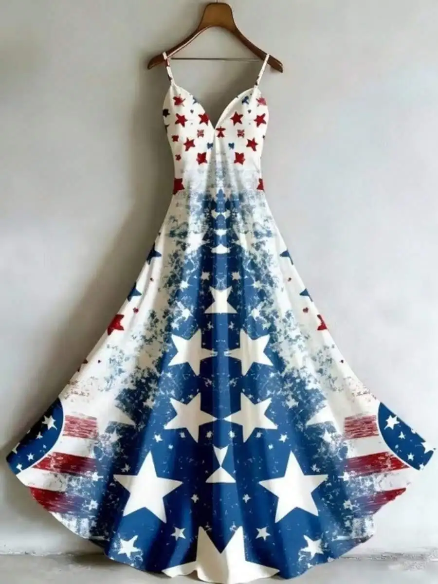 

American Star And Stripe Print Women V-Neck Sleeveless Long Dress For Party Summer Vintage Style