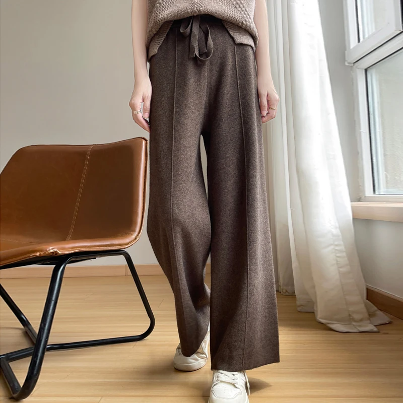 Women Elegant Knit Heavy Thick Loose Pants Solid Knitwear Wide Leg High Waist Drawstring Trousers Autumn Winter Casual Bottoms