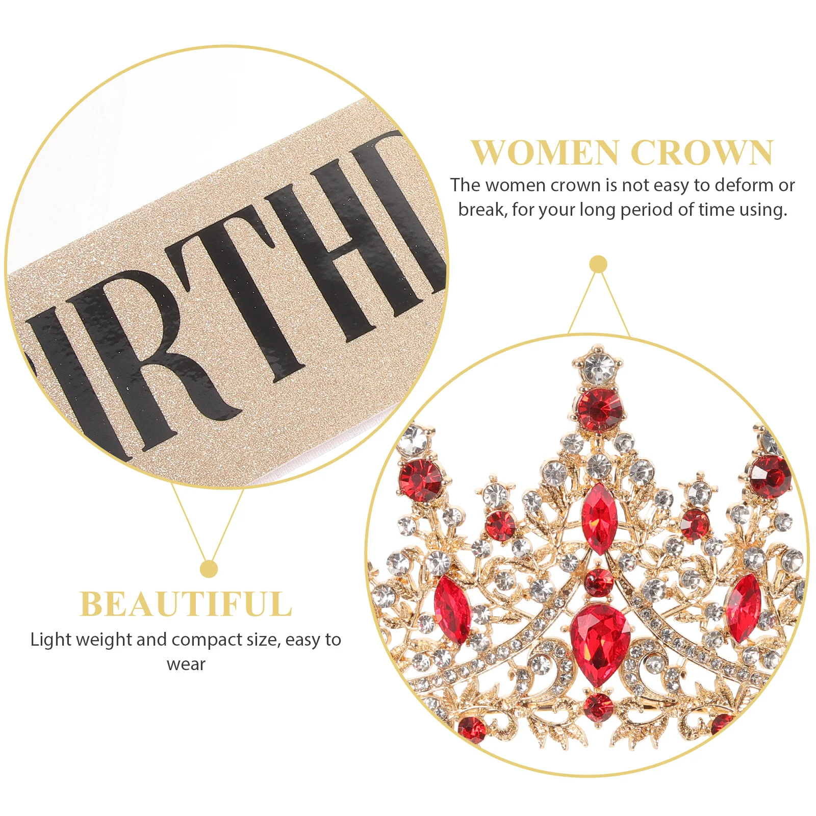 

Birthday Crown for Girls Golden Red Rhinestone Women Crown Princess Tiara Durable Lightweight Prom Wedding Party Favors Bridal