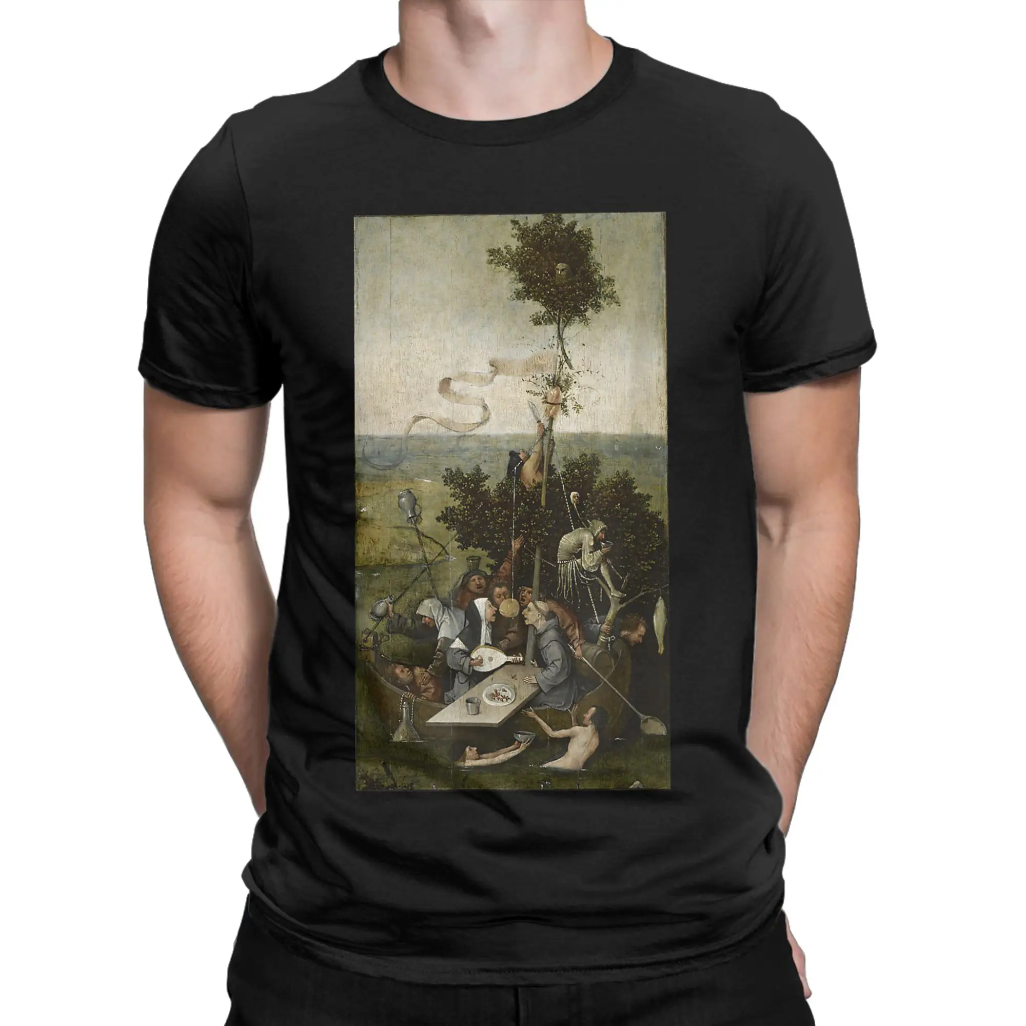 Men The Ship of Fools by Hieronymus-Bosch (1500) T Shirt  100% Cotton Clothing Amazing Short Sleeve Crewneck Tees Gift T-Shirt