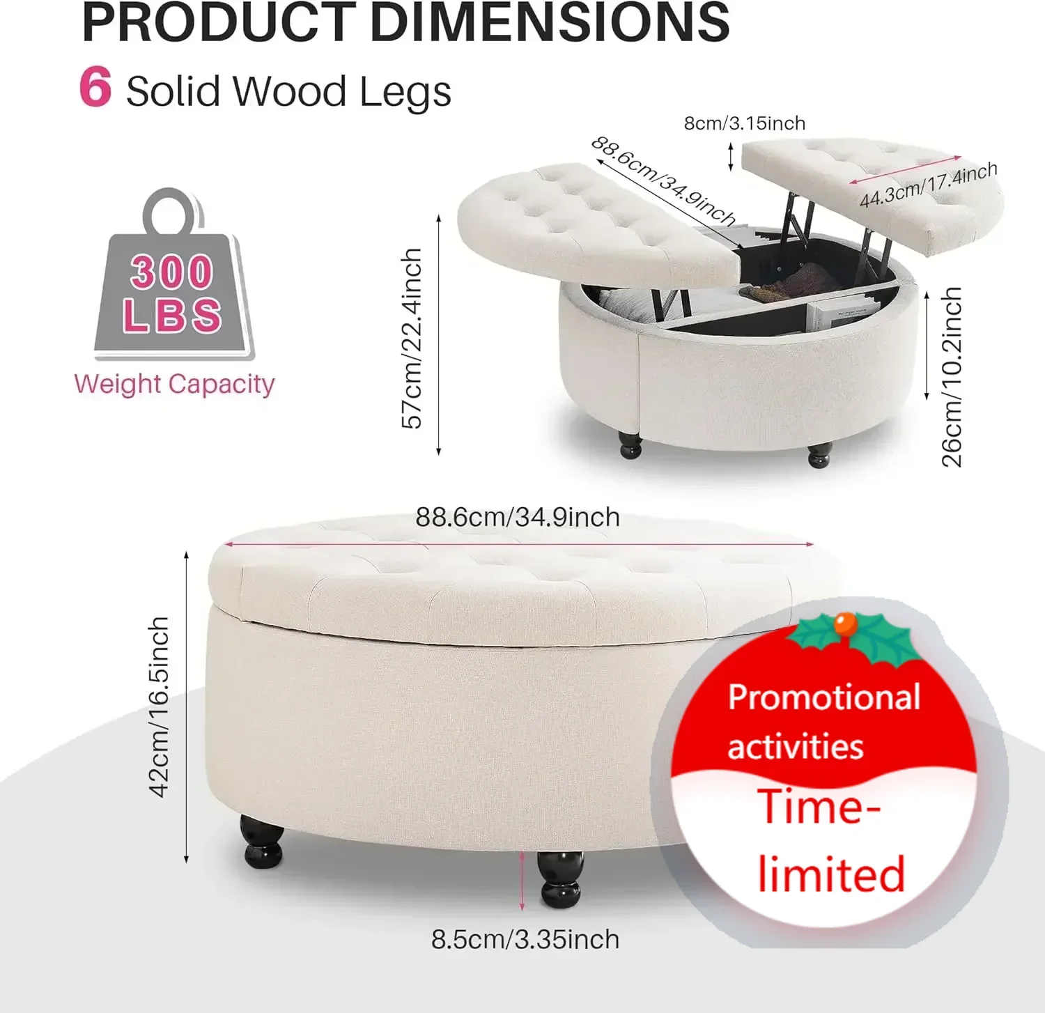 

Хит продаж: Круглый кофейный столик-пуф с отсеком для хранения, обитый тканью, с подъемной столешницей, 35 дюймов, большой пуф с отсеком для хранения из льняной ткани