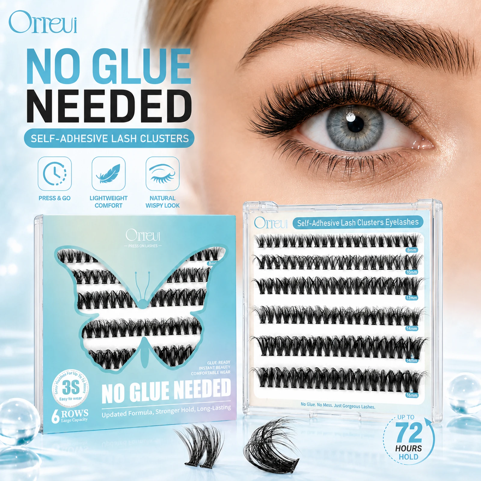 No Glue Self-Adhesive Cluster Lashes 8-16mm Mixed Lengths, Press On DIY Lash Clusters, Natural Wispy False Eyelashes