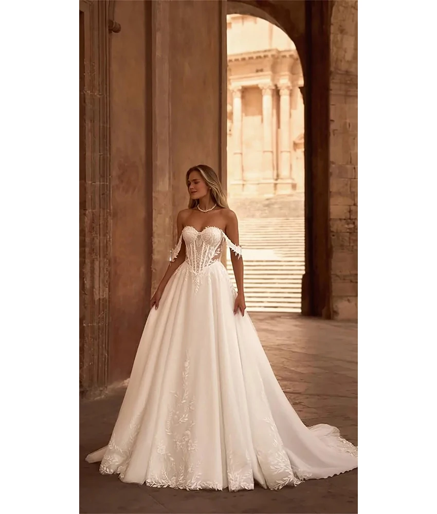 

MCDV Customized Graceful Tulle A-Line Appliques Evening Dress High Quality Sweetheart Sleeveless Women Wedding Gowns.
