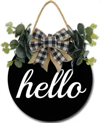 Welcome Sign for Front Door Hello Sign with Greenery Decor Round Wood Hanging Sign Farmhouse Porch Decorations Housewarming