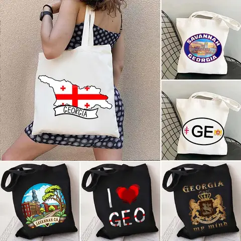 Savannah Republic Georgia Love Heart Georgia Country Flag Map Emblem Letter Print Women Canvas Tote Bag Harajuku Shopper Handbag