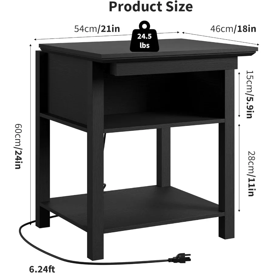 طاولة جانبية منزلقة مع محطة شحن، طاولة جانبية للتخزين بطبقتين، منضدة خشبية لغرفة النوم وغرفة المعيشة باللون الأسود