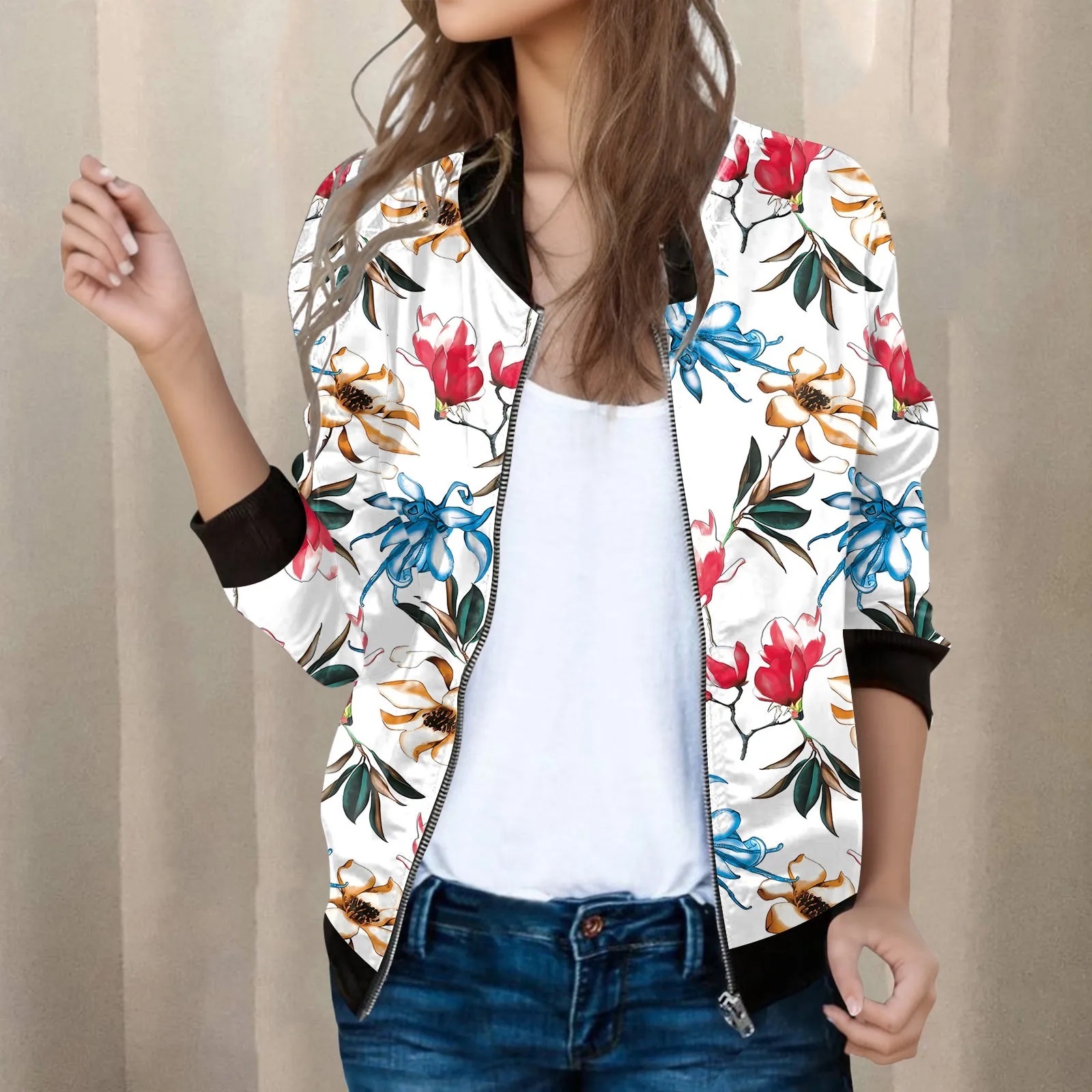 Womens Casual Daily Jackets Lightweight Zip Up Casual Jacket Floral Print Coat Stand Short Sports Outwear Zipper Trendy Tops