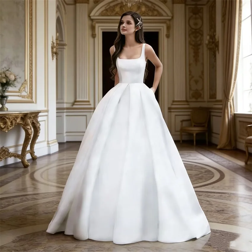 

Индивидуальные элегантные простые свадебные платья из атласа, силуэт А-силуэт, на тонких бретельках, с открытой спиной, свадебные платья для невесты