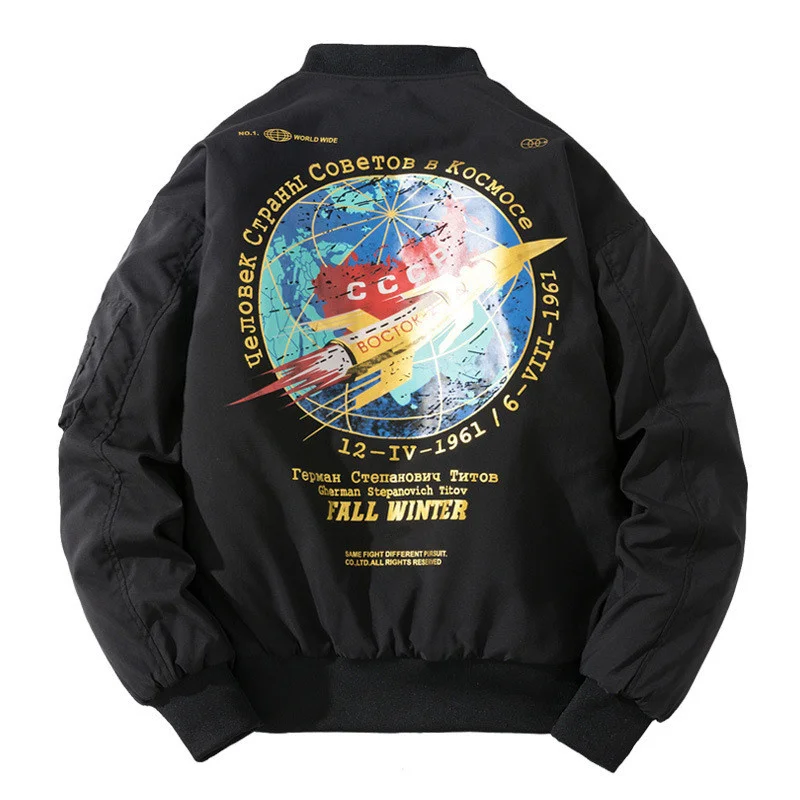 

Men Winter Bomber Fashion Pilot Jacket Rocket Print Mens Baseball Coat Casual hip hop Youth Streetwear Outerwear Clothing