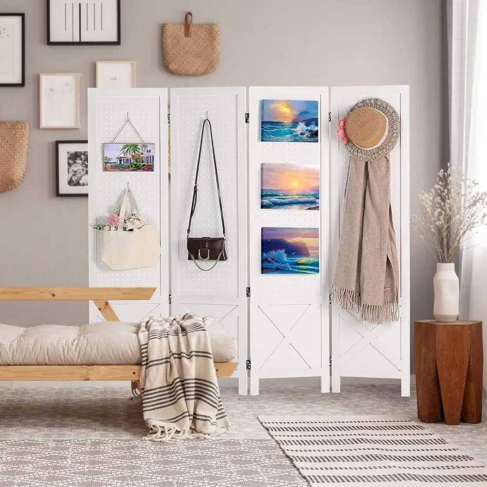 Wooden 4-Panel Room Divider with Privacy, Portable Display Board for Home, Art Shows, Retail, and Events, White