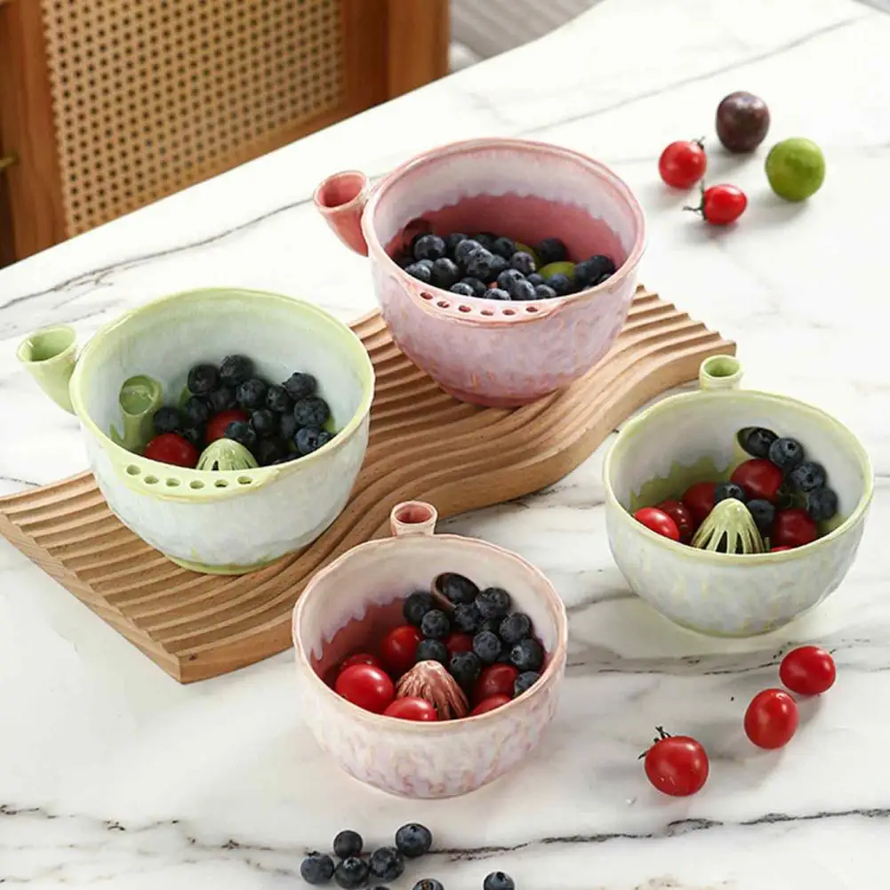 Ceramic Berry Washer Ceramic Berry Swirl Washing Bowl with Self-spinning Drain Holes Fruit Colander for Strawberries for Fruits