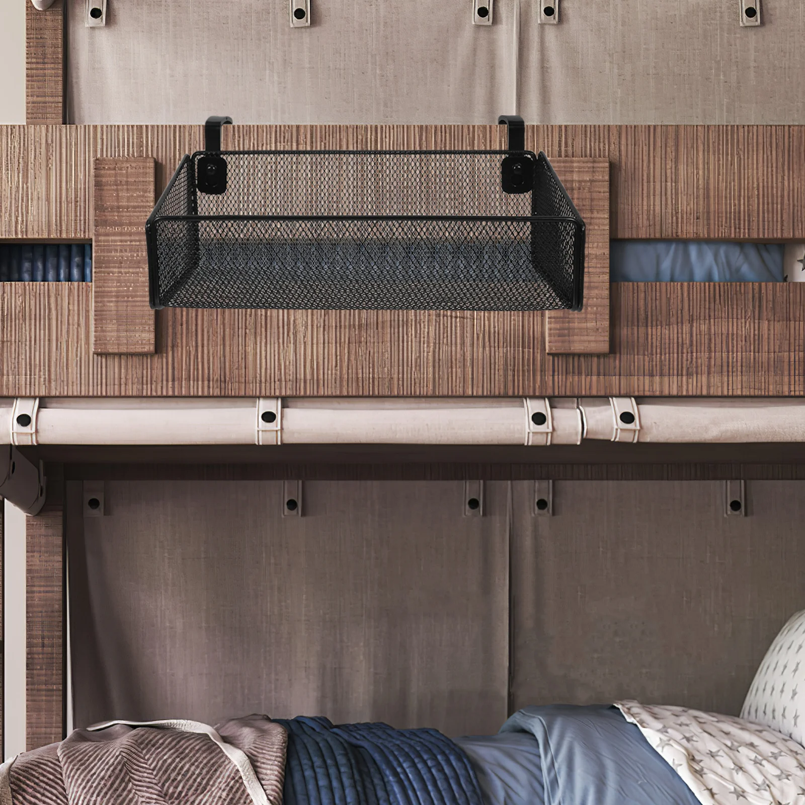 

Metal Bedside Hanging Storage Basket Black Space Saving Organizer for Bunk Bed Dorm Desk Phone Books Household Sundries