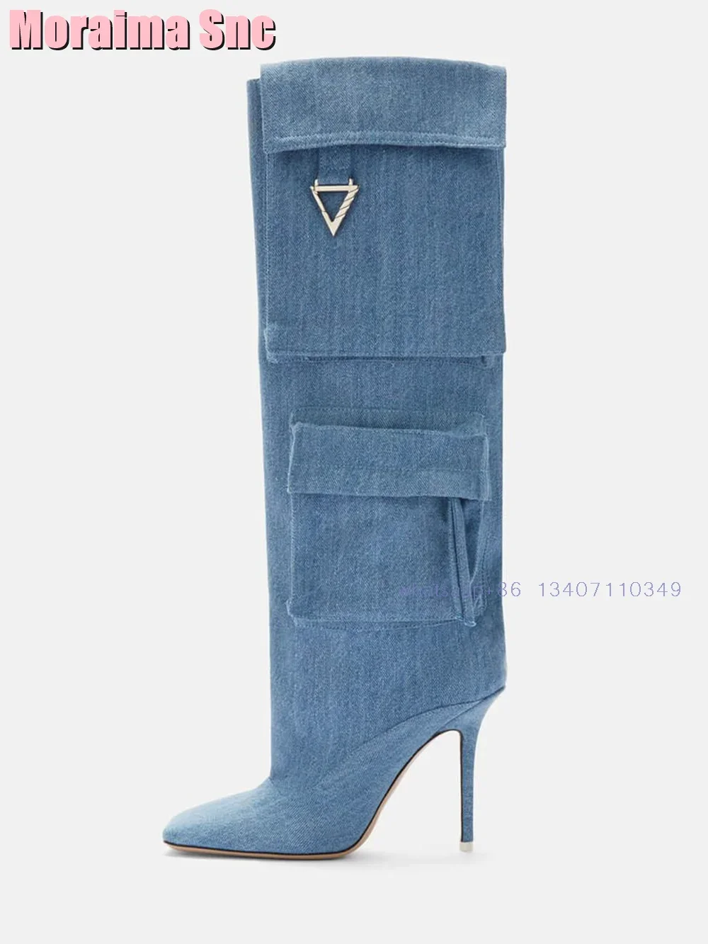 Denim Flap Pocket Embellished Knee-High Boots Square Toe Stiletto Heeled Sexy Fashion Women\'s Long Boots Slip On Autumn Winter