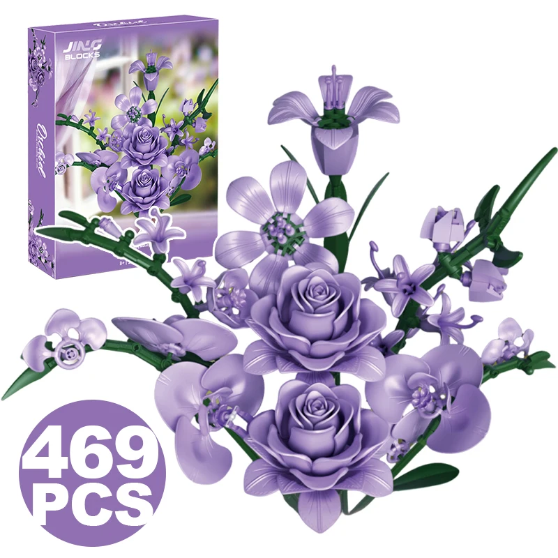 

Creative 469PCS Purple Orchid Bouquet Building Blocks Rose Immortal Flower Home Desk Plant Decoration Assemble Bricks Toys Gifts