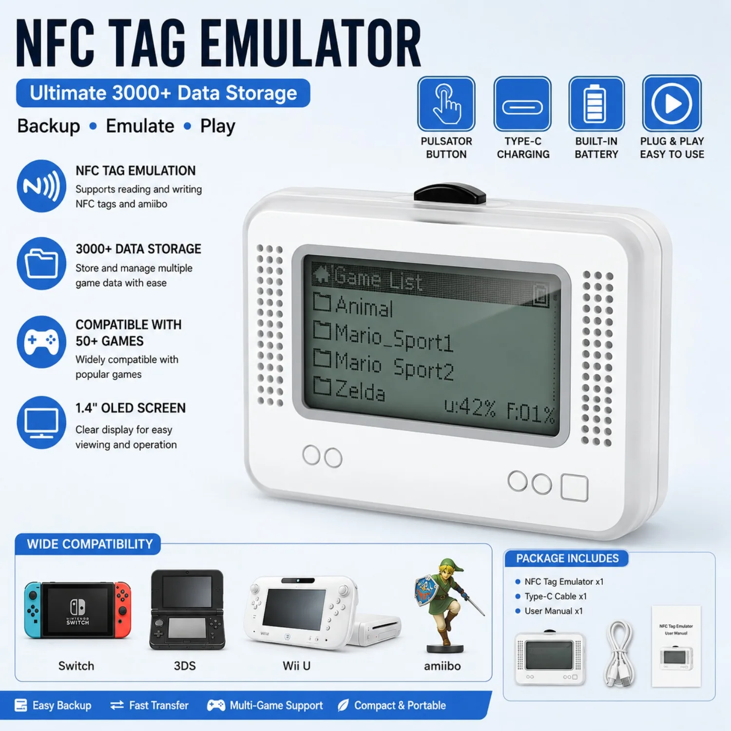 NFC Tag Emulator,for Switch/3DS/Wii U - Ultimate 3000+ Data Storage, Compatible with 50+ Games,1.4