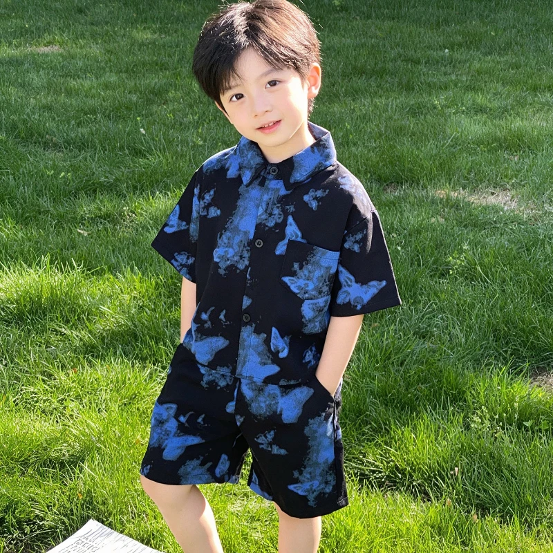 

2026 Summer Hot Selling Children's Black and Blue Butterfly Design Cool T-shirt Shorts Two-piece Set