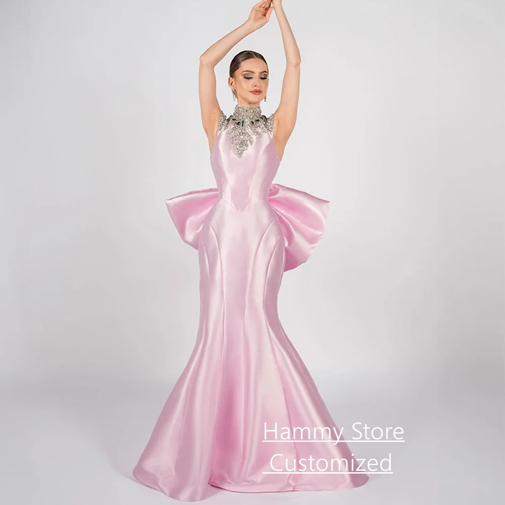 

Sexy Mermaid Evening Dresses Customized High Neck Sleeveless Crystal Stones Back Big Bow Saudi Arabia Prom Gown Party Dresses