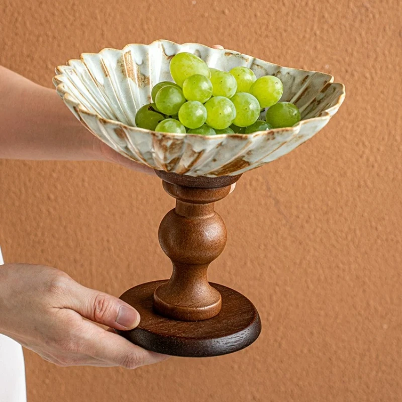 Rustic 8 Inch Flower Shape Candy Tray Wabi Sabi Serving Platter Tea Cake Stand Coarse Ceramic Sanded Wooden Elegant Base